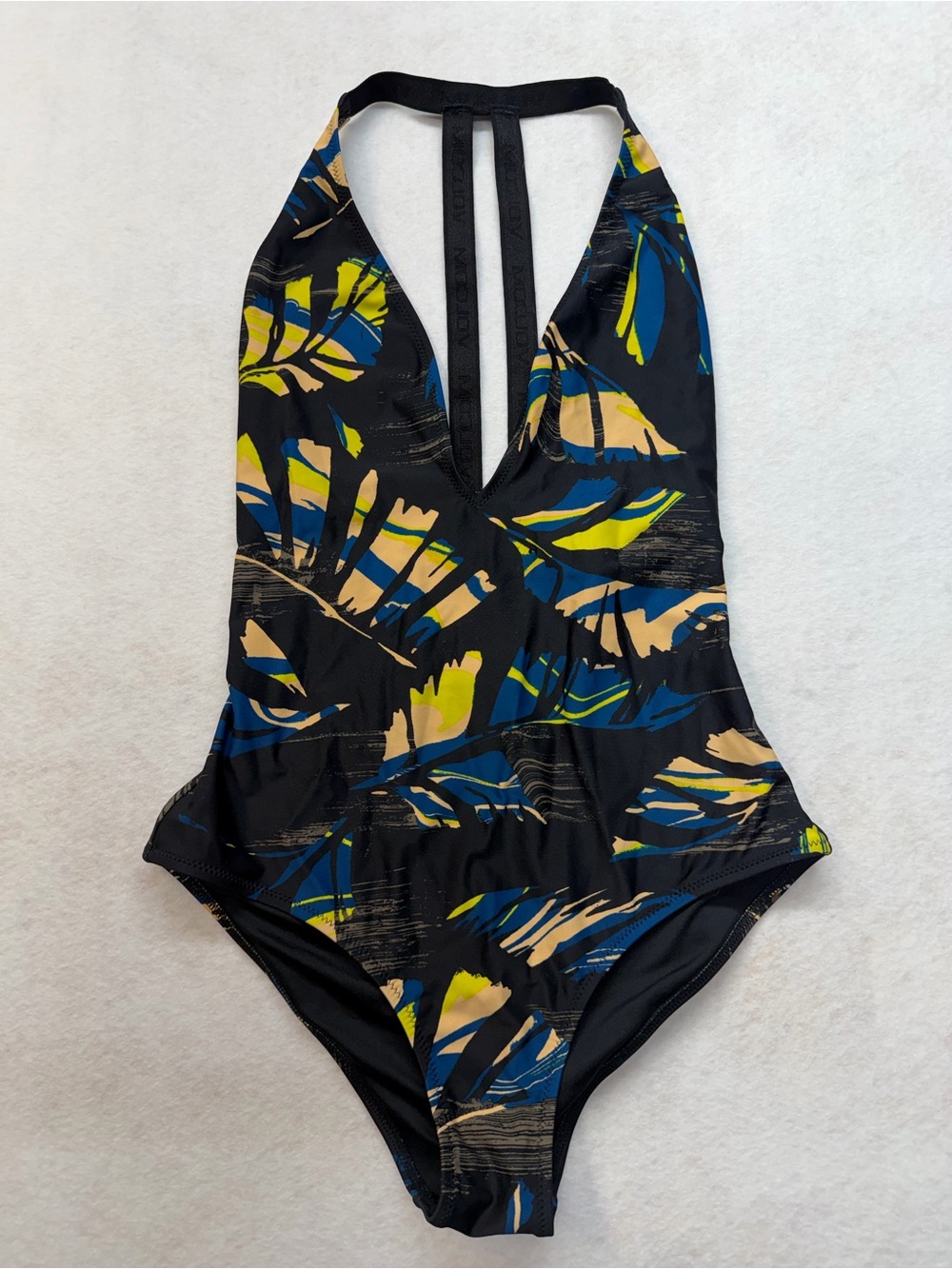 Volcom - Women’s, Strappy One-Piece Swimsuit with Blue, Yellow & Tan Leaf Print